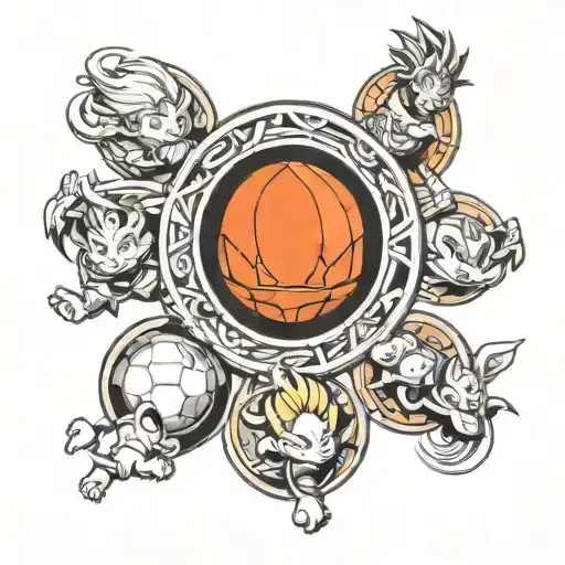 7 dragon balls in a circle around Sheron with kid goku  tattoo design idea