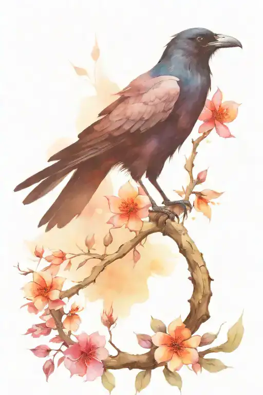  majestic crow perched on a branch, with its dark feathers contrasting against the vibrant colors of the flowers. In its tattoo design idea
