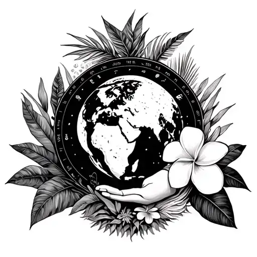 goddess holding globe surrounded by tropical plants, frangipani, monstera, the moon sunbirth chart (aries, gemini, leo)  tattoo design idea