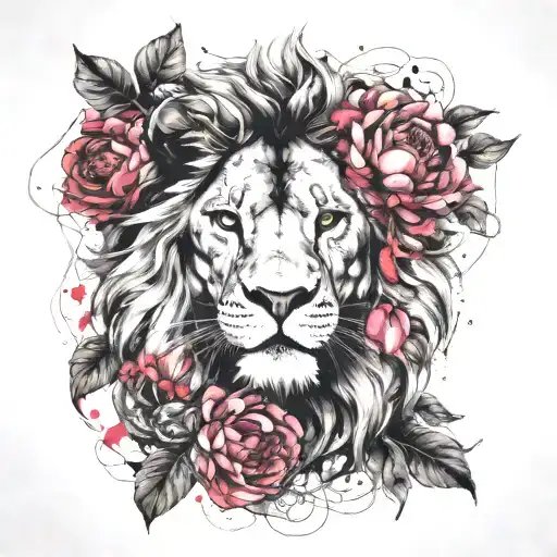Lion head with vine leaves and peony flowers tattoo design idea