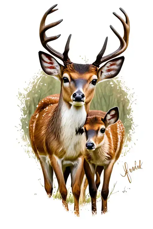 Baby deer and buck standing tattoo design idea