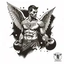 A tattoo of a boxer standing on the horizon, with angel wings on one side and devil horns on the other, representing the internal struggle between good and evil in the sport of boxing tattoo design idea