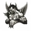 A tattoo of a boxer standing on the horizon, with angel wings on one side and devil horns on the other, representing the internal struggle between good and evil in the sport of boxing tattoo design idea