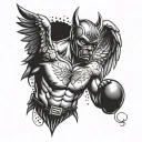 A tattoo of a boxer standing on the horizon, with angel wings on one side and devil horns on the other, representing the internal struggle between good and evil in the sport of boxing tattoo design idea