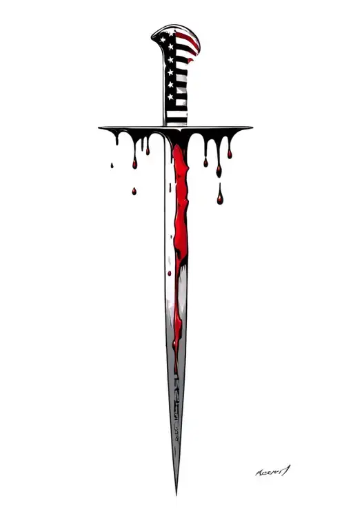blood dripping and usa flag and long blade tattoo design idea