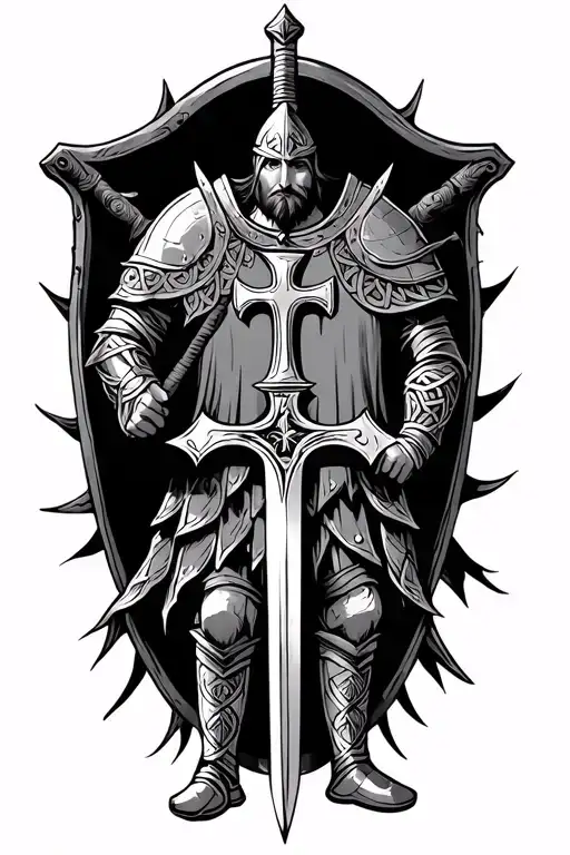 Celtic knight with sword and cross shield  tattoo design idea