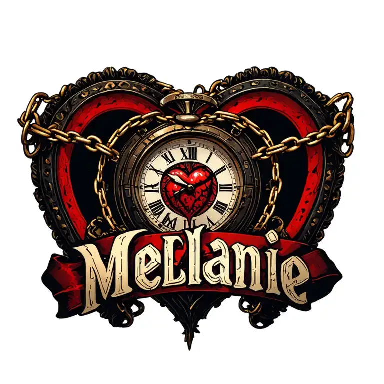 "Mélanie" clock heart chains tattoo design idea
