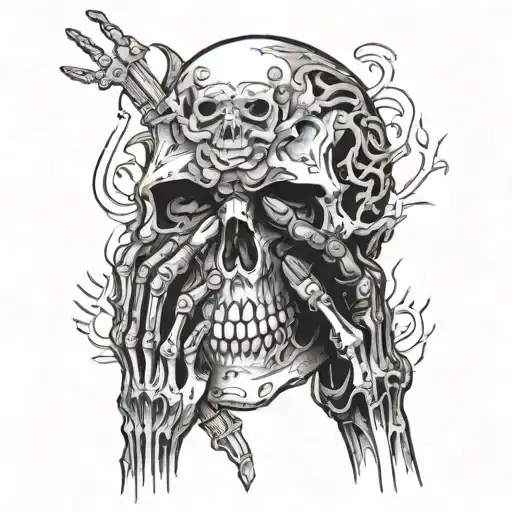 skeleton hand taking mask off to reveal skull and pain  tattoo design idea