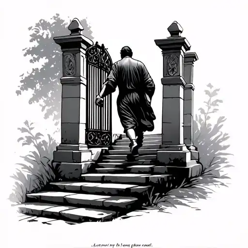 bible verse with man walking up a stairs into a gate tattoo design idea