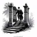 bible verse with man walking up a stairs into a gate tattoo design idea