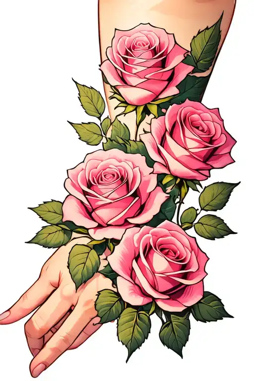 Four pink roses in a vertical row along the forearm, from wrist to elbow Each rose is detailed, with shades of light to  tattoo design idea