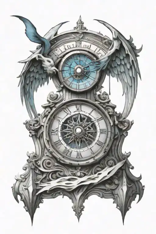 astronomical clock with blue topaz gem representing Lucifer's tear tattoo design idea