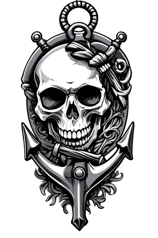 skull with steering with anchor surrounded tattoo design idea