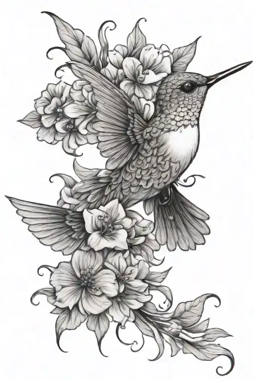 hummingbird with flowers tattoo design idea
