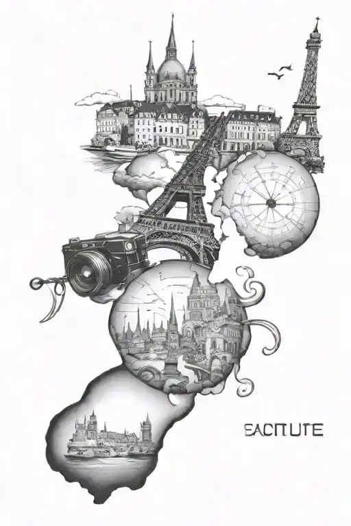 travel inspired tattoo featuring european landmarks incorporated tattoo design idea