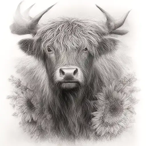 highland cow and sunflowers tattoo design idea