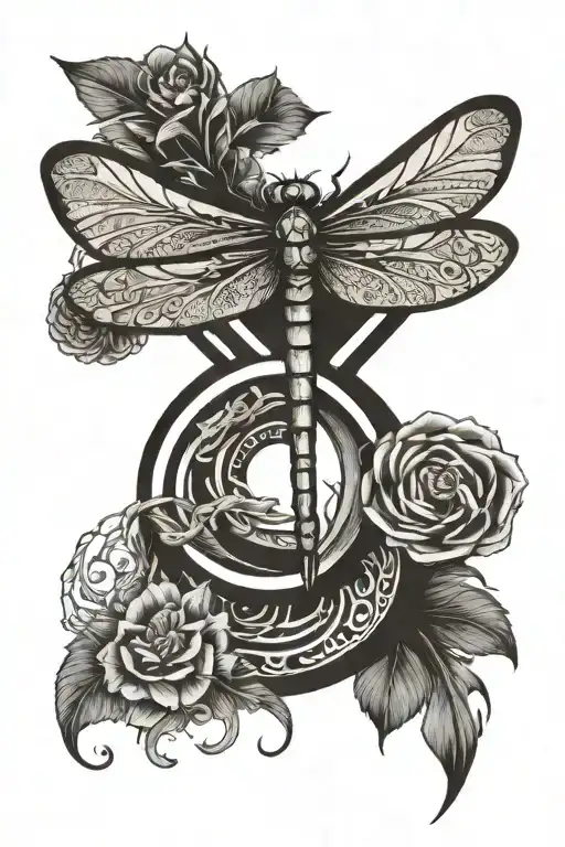 A dragonfly resting on a despairing symbol, surrounded by hope tattoo design idea