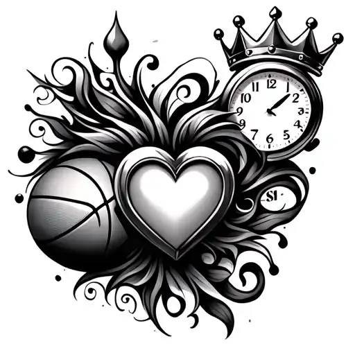 create an ai art tribal style tattoo with a heart, a clock showing 9 am, basketball, initials "SH", and a crown tattoo design idea