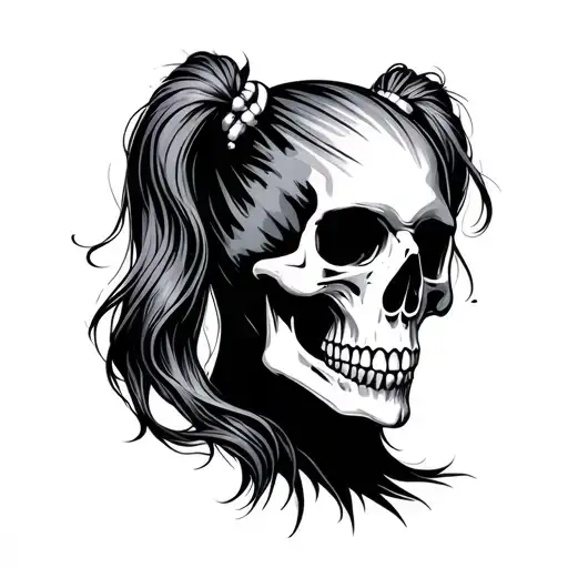skull with pony tails tattoo design idea