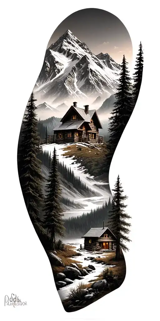 A detailed mountain landscape with a nestled cabin and a hidden hunting scene incorporated within the design tattoo design idea