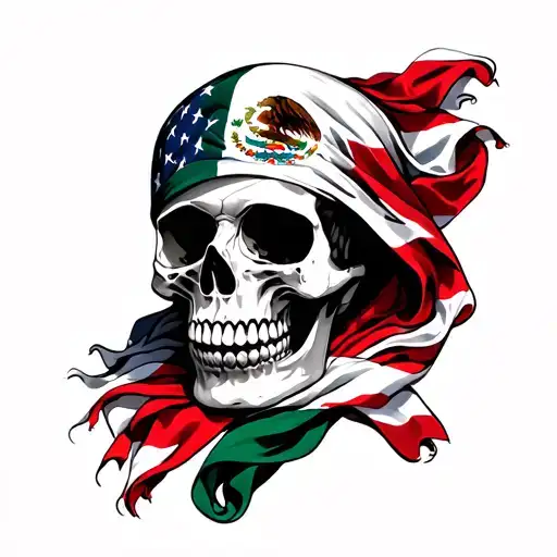 skull draped in Mexican flag and american flag tattoo design idea