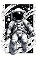 astronaut floating in space surrounded by stars and music notes tattoo design idea