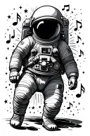 astronaut floating in space surrounded by stars and music notes tattoo design idea
