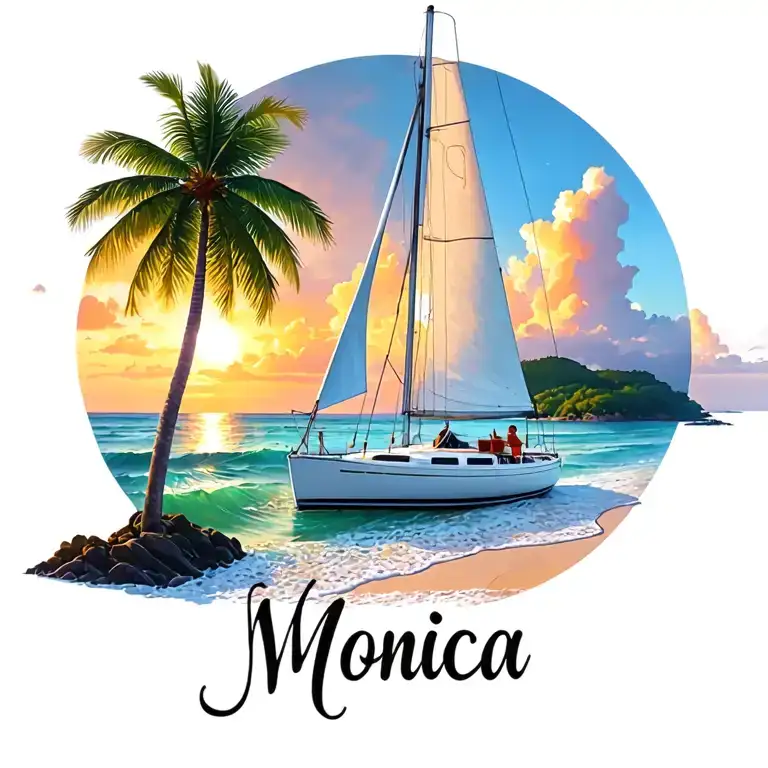 "Monica" "Monica" "Monica" "Monica"  white catamaran sailing, sunrise, small island palm, ocean beach outside of circle at bottom tattoo design idea