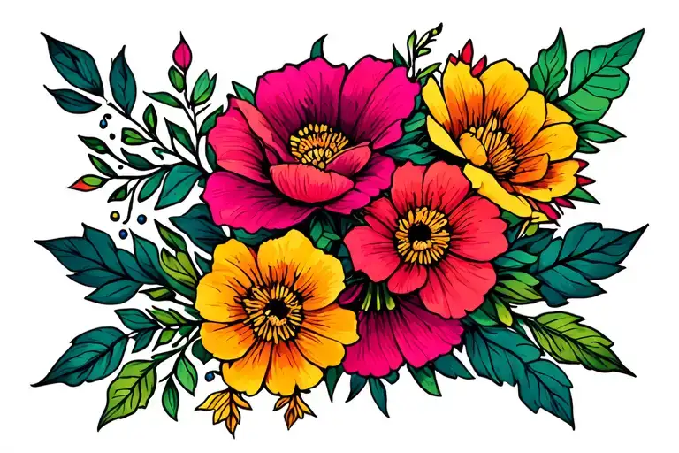 floral lower arm cuff, flowers, traditional art, bright, femisit, pagan tattoo design idea