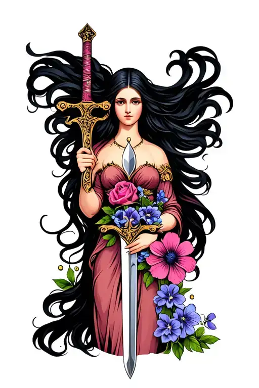 Mother with long, flowing hair carrying a sword overlooking roses, violets and cosmos tattoo design idea