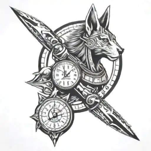 speedometer, anubis , ruler , samurai warrior , lion tattoo design idea