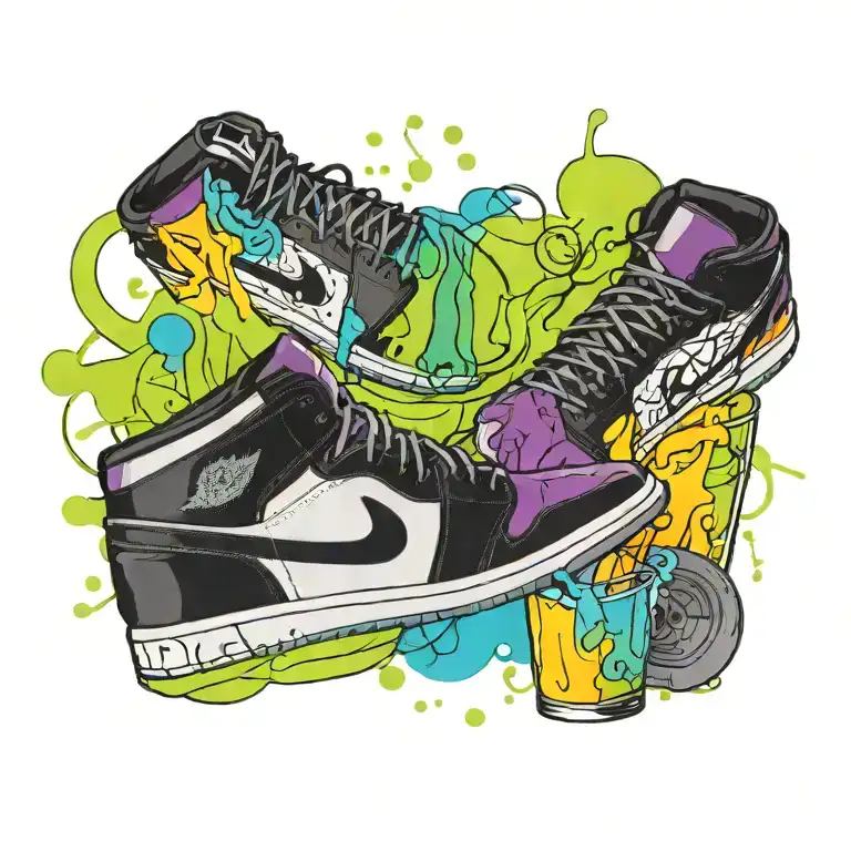 A sleek and stylish cocktail shaker intertwined with a pair of Jordan 1 sneakers tattoo design idea