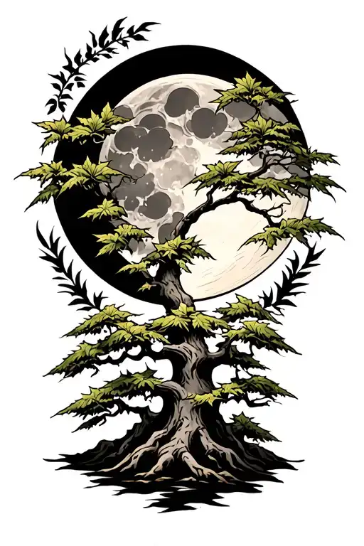 Japanese maple tree with leaves in front of moon tattoo design idea