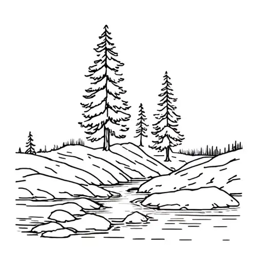 creek with Douglas fir trees, boulder, riffles,  tattoo design idea