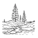 creek with Douglas fir trees, boulder, riffles,  tattoo design idea