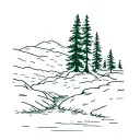 creek with Douglas fir trees, boulder, riffles,  tattoo design idea