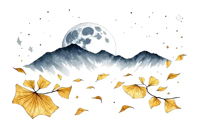 The night is as dark as ink, and the outlines of distant mountains rise and fall under the moonlight. The full moon hangs on the top of the mountain, with a slightly smudged edge, as if it will melt in the stars at any time. The ginkgo leaves nearby slowly fell, each piece was covered with the silver edge of moonlight, and a faint golden light flowed in the leaf veins. Denoted by colored lines tattoo design idea