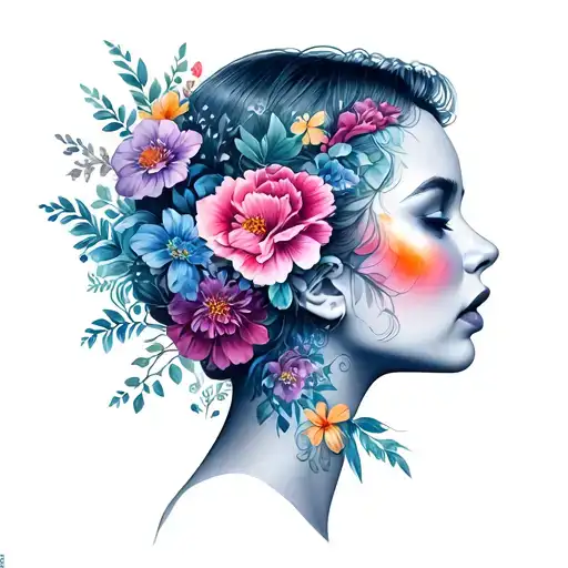 female face profile with florals tattoo design idea