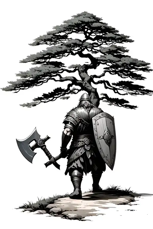 a viking fighter holding an axe and a shield walking alone along a path. by the end of the path a big bonsai tree. tattoo design idea