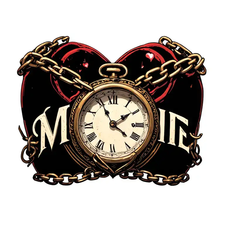 "Mélanie" clock heart chains tattoo design idea