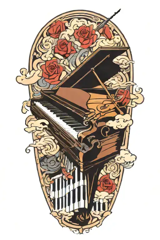 forearm sleeve of piano keyboard intertwined with music staff of 4 bars of music with clouds as filler tattoo design idea
