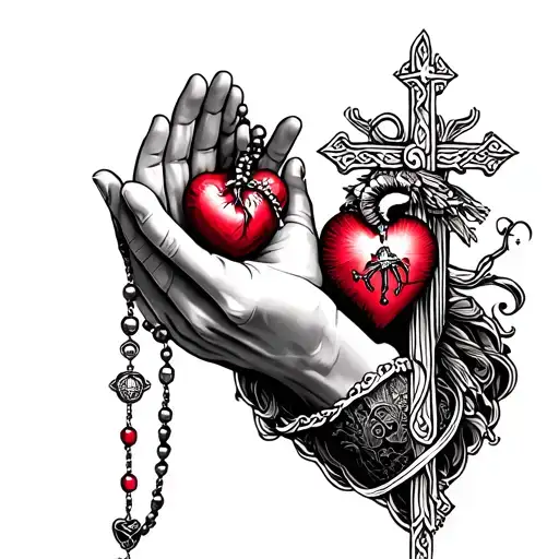 praying hand holding a rosary and sacred heart tattoo design idea