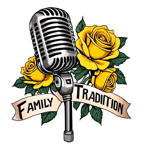 yellow roses and old school microphone and the words family tradition  tattoo design idea