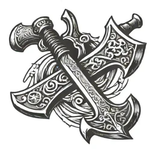 axe crossed with sword going tattoo design idea