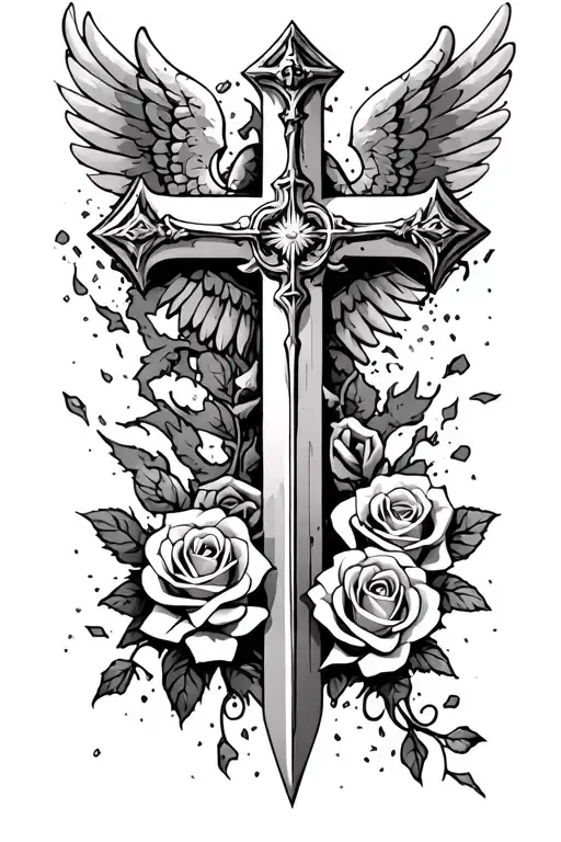 crumbling stone cross with angel wings a sword and 3 roses tattoo design idea