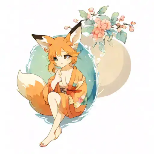 Sexy Girl, Fox Ears, Fox tail, revealing kimono, G-String, big boobs, petite, wide hips tattoo design idea