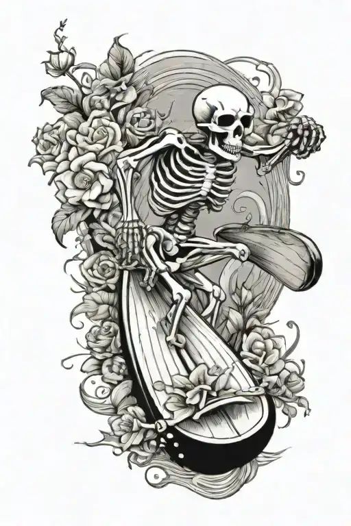 Skeleton surfing in a barrell with flowers tattoo design idea