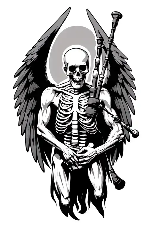 winged muscular skeleton playing bagpipes tattoo design idea