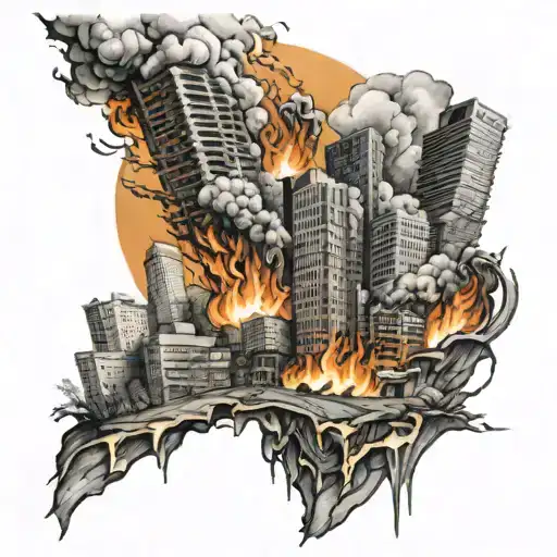 burning city on fire    tattoo design idea