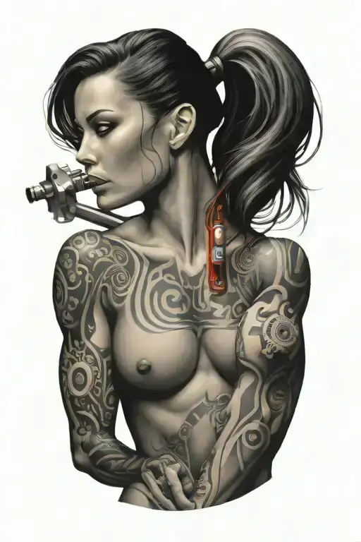 technology circuits with bodybuilding muscled women merging tattoo design idea